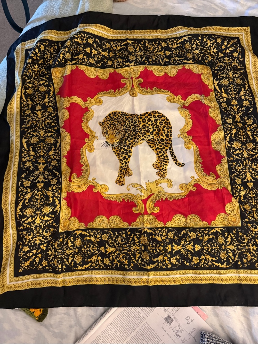 Leopard Center Baroque Print Silk Scarf - Black, Red, Gold